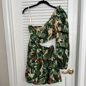 One-Shoulder Green Leaf Print Dress